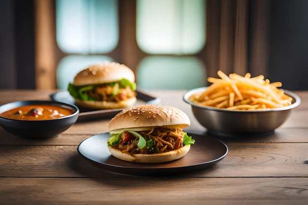 Deux hamburgers sur une table avec un bol de frites et un bol de frites