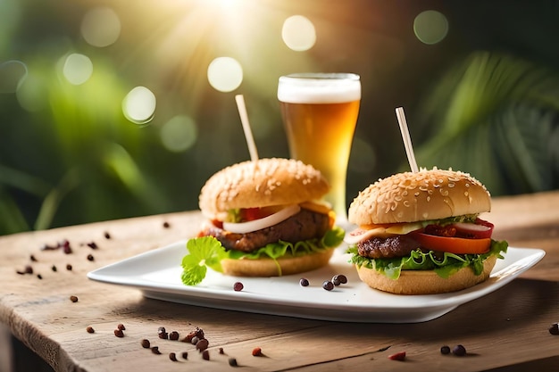 Deux hamburgers avec un verre de bière et une assiette de nourriture sur une table.