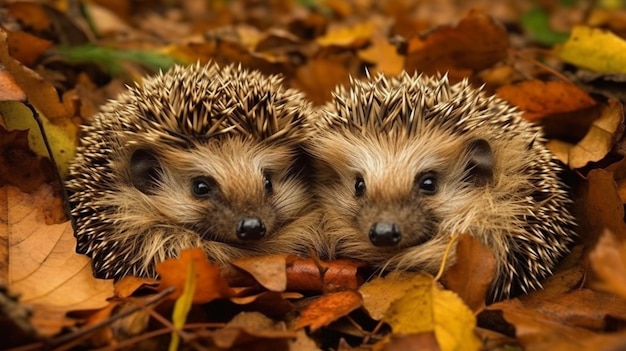 Deux hérissons couchés dans les feuilles, dont l'un est le premier à être nommé.