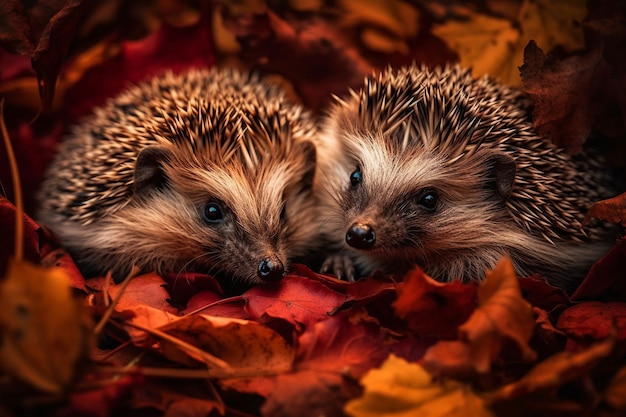 Deux hérissons dans un tas de feuilles d'automne