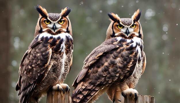 Photo deux hiboux sont assis sur un poteau de bois l'un a un œil jaune