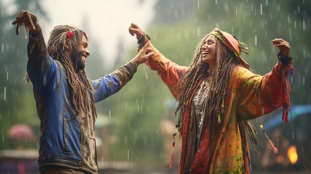 Deux hippies célèbrent la nature sous la pluie