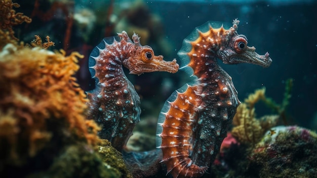 Deux hippocampes sont assis sur un récif de corail.