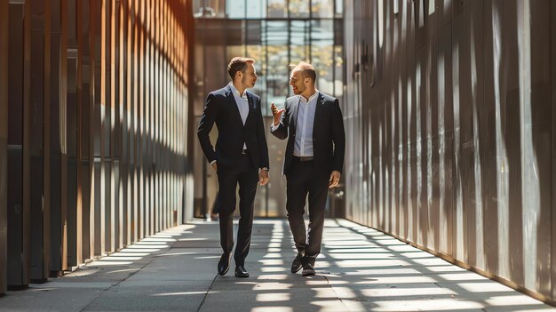 Deux hommes d'affaires en costume marchant et parlant dans une ville moderne