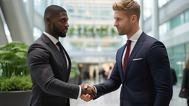 Photo deux hommes d'affaires en costume se serrent la main dans un immeuble de bureaux.