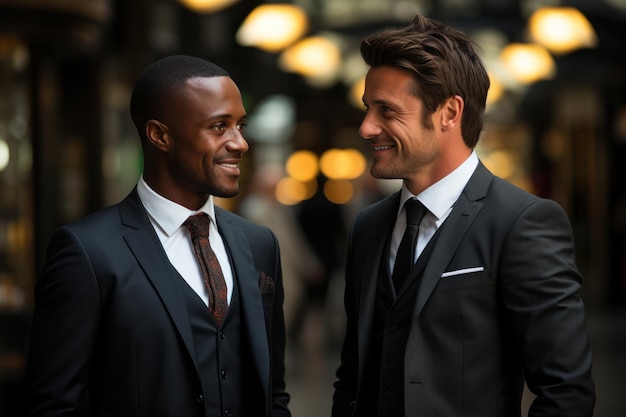 Photo deux hommes d'affaires en costumes rient et parlent ensemble à une réunion d'affaires.