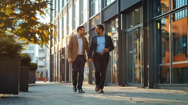 Deux hommes d'affaires marchent dans la rue et parlent. Ils portent tous les deux des costumes et des cravates. L'homme de gauche a une barbe.