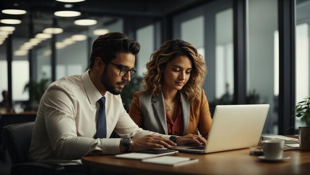 Photo deux hommes d'affaires qui parlent et utilisent un ordinateur portable ensemble dans un bureau moderne