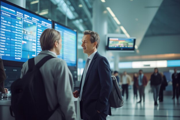 Deux hommes d'affaires s'engageant dans une conversation contre le terminal de l'aéroport avec les horaires de vol
