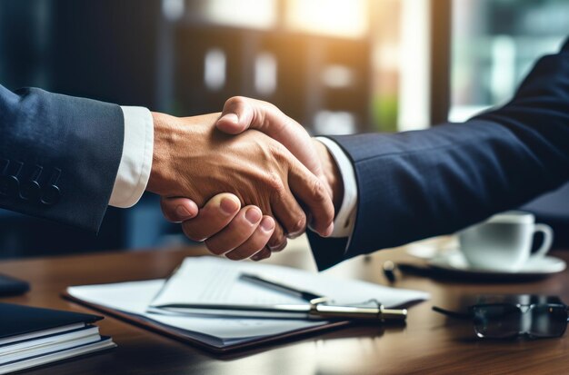 Deux hommes d'affaires se serrent la main sur un bureau pour sceller un accord dans un bureau.