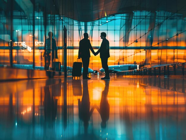 Deux hommes d'affaires se serrent la main dans le hall de l'aéroport au coucher du soleil.