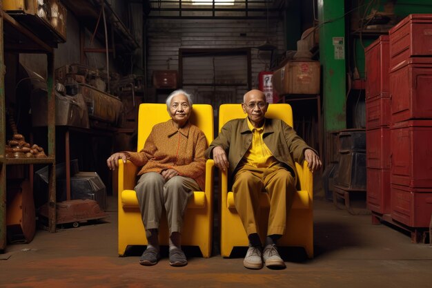 Deux hommes âgés assis dans des chaises jaunes