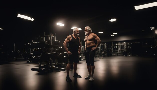 Photo deux hommes âgés au gymnase mode de vie actif et sports chez les hommes âgés