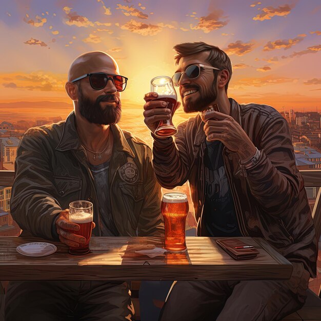 Photo deux hommes assis à une table avec une bière devant eux