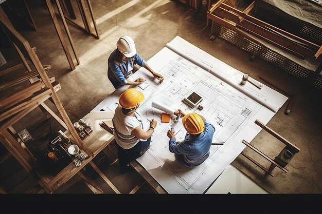 deux hommes en casque regardent un plan.