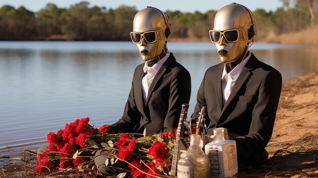 Photo deux hommes en costume assis près d'un lac avec des fleurs.