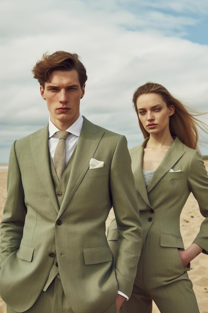 Deux hommes en costume se tiennent devant une plage.