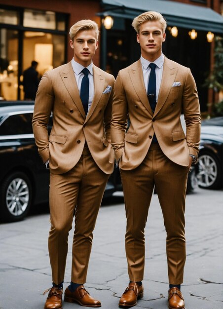 deux hommes en costume se tiennent sur un trottoir dont l'un a une cravate