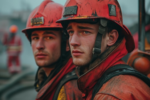 deux hommes en costumes de pompiers pompier