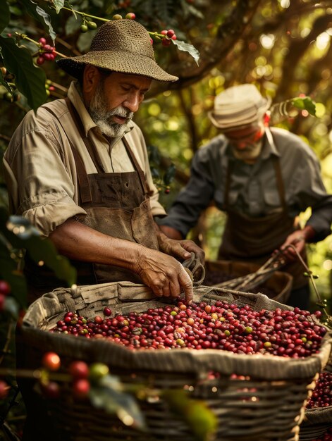 Photo deux hommes cueillent des cerises d'un arbre