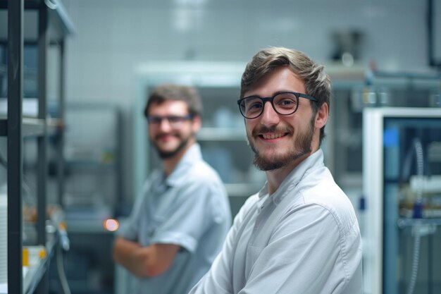 Photo deux hommes devant un laboratoire avec les mots le mot sur le devant