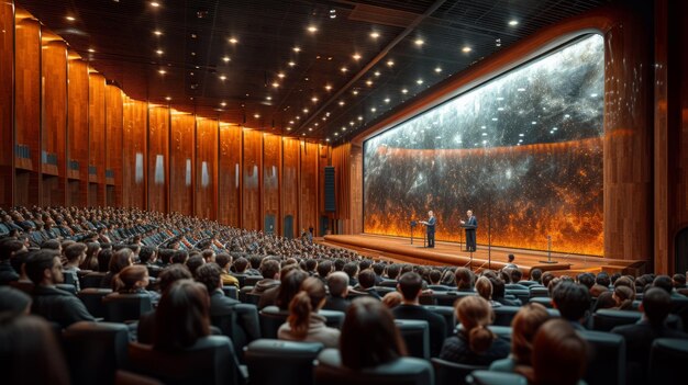 Deux hommes donnent une présentation dans une grande salle.