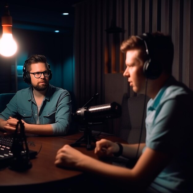 Deux hommes avec des écouteurs partagent une table lors d'un événement de divertissement