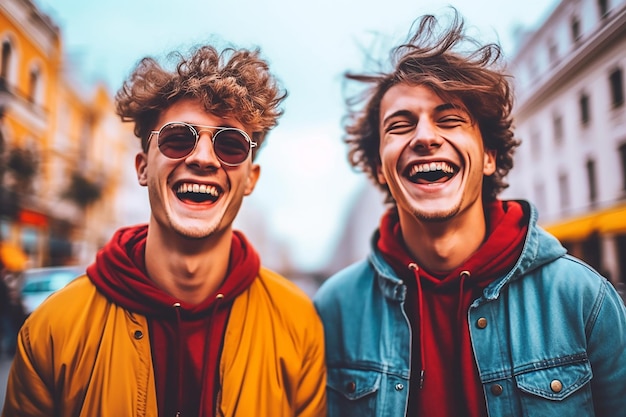 Photo deux hommes de la génération z rient joyeusement