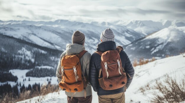 Deux hommes avec un grand sac à dos haut sur les montagnes enneigées dans une station de ski pendant les vacances et l'hiver