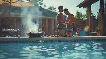 Photo deux hommes grillent près de la piscine. ils portent tous les deux un maillot de bain et ne portent pas de chemise.