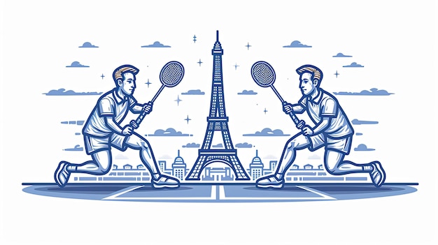 Photo deux hommes jouant au tennis devant la tour eiffel.