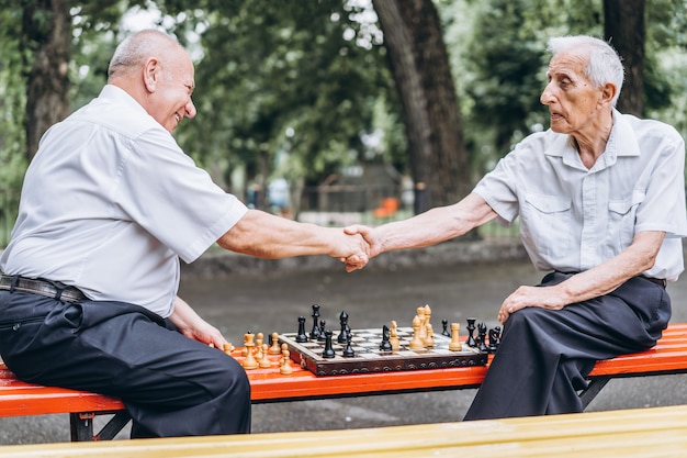 Deux hommes jouant aux échecs sur le banc à l'extérieur dans le parc