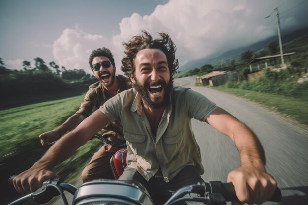 Deux hommes joyeux sur une moto sur une route de campagne se sentent libres et heureux effet de flou de mouvement