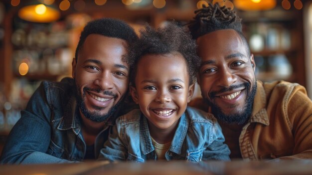 deux hommes LGBT avec leur fille jouant à la maison