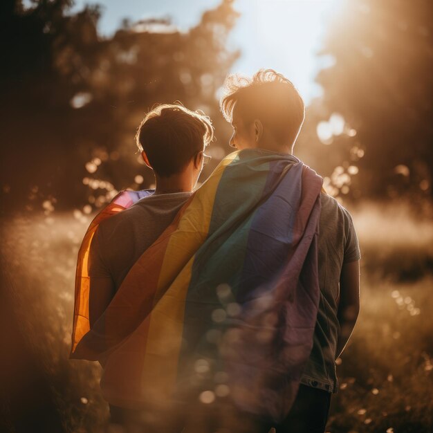 Deux hommes marchant dans un champ avec un drapeau arc-en-ciel sur leurs épaules