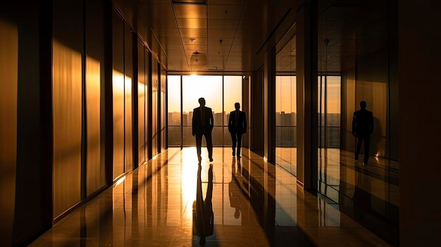 Deux hommes marchant dans un immeuble de bureaux avec le soleil se couchant derrière eux