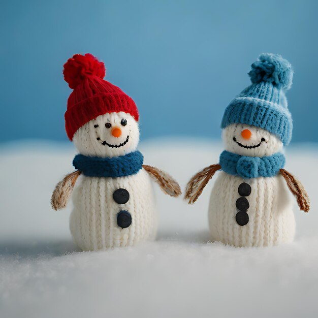 deux hommes de neige se tiennent dans la neige dont l'un a un chapeau rouge sur