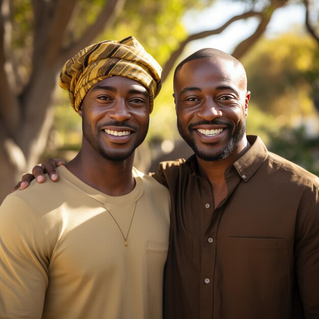 Photo deux hommes à la peau sombre souriants dans le parc.