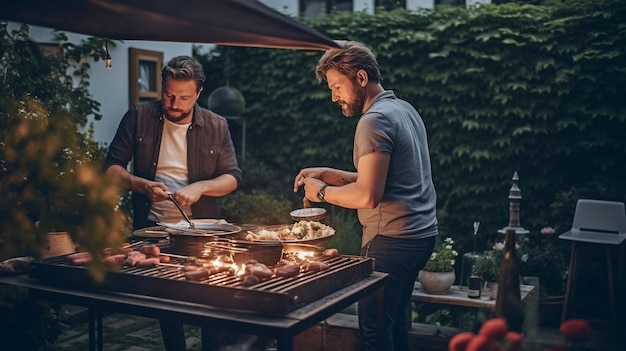 Deux hommes plus âgés préparent un barbecue pour des amis assis à une table dans la cour un soir d'été à l'aide de l'IA générative
