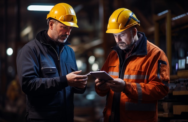 Deux hommes portant des casques jaunes se tiennent à proximité Ingénieurs utilisant des gadgets au travail Arrière-plan flou AI générative