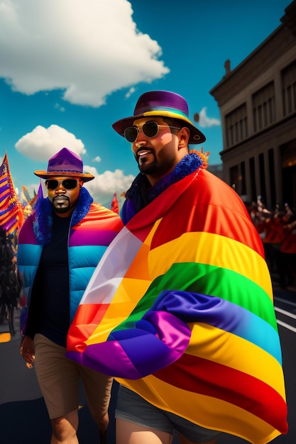 Deux hommes portant des drapeaux arc-en-ciel marchent dans une rue.