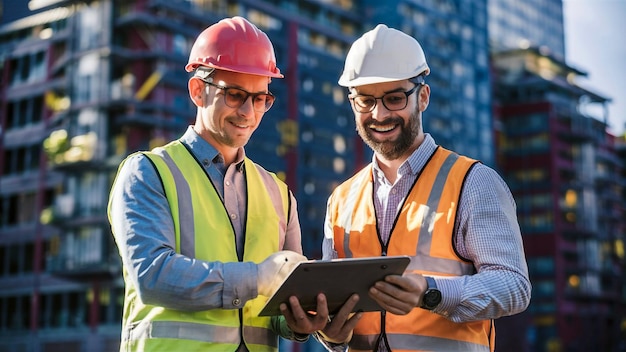 deux hommes portant des gilets regardent une tablette avec le mot " t " sur elle.