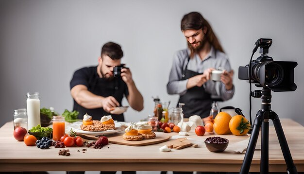 Photo deux hommes prennent une photo d'une table pleine de nourriture et un homme prend une photo de lui