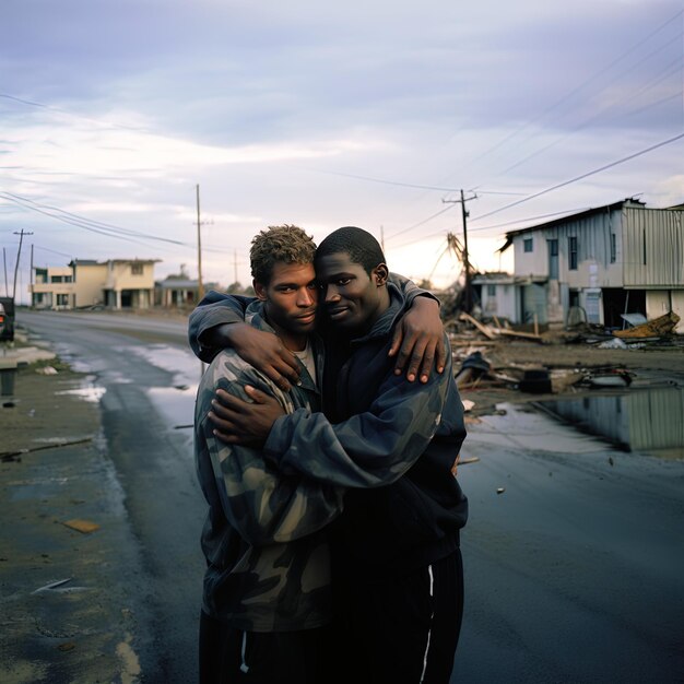 Photo deux hommes qui s'embrassent devant un bâtiment avec un homme qui l'embrasse