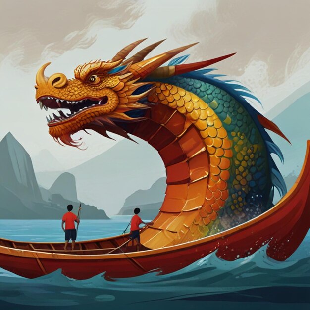 Photo deux hommes rament un bateau avec un dragon sur le devant