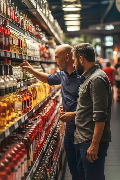 Deux hommes regardent des bouteilles d'alcool dans un magasin.