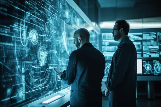 Deux hommes regardent un écran sur lequel est écrit "cybersécurité"
