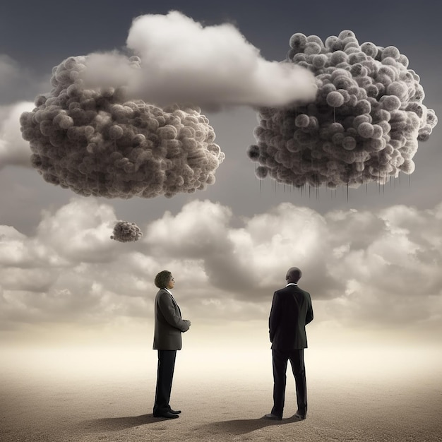 deux hommes regardent un nuage sur lequel figure le mot nuage.