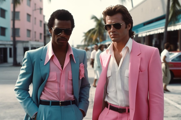 Deux hommes rétro façonnés à Miami dans des lunettes de soleil Scène de coucher de soleil à Miami des années 80 Synth wave Nostalgia Fashion Look Book Generative ai