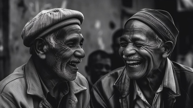 Deux hommes riant et riant, dont l'un est le mot sourire.